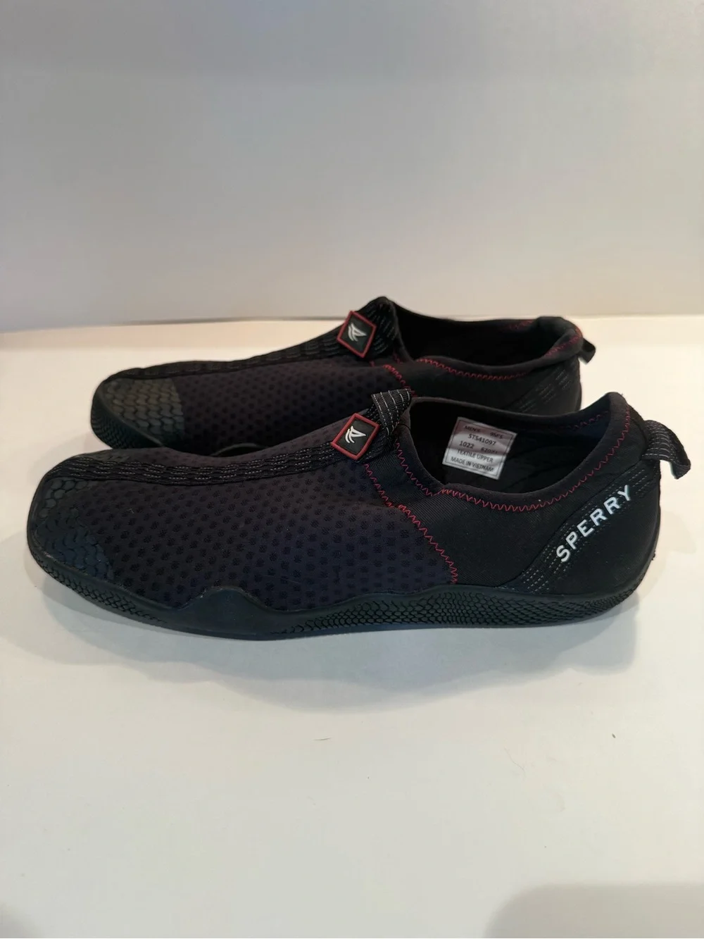 Sperry Black Slip-On Mesh Water Shoes with Red Stitching